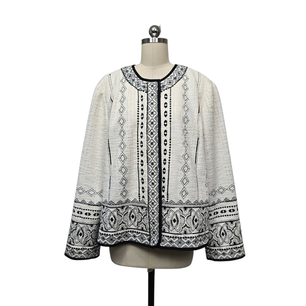 Chicos Emb Tweed Artisan Jacket Cream Black Embroidered‎ Size 4 XXL NEW